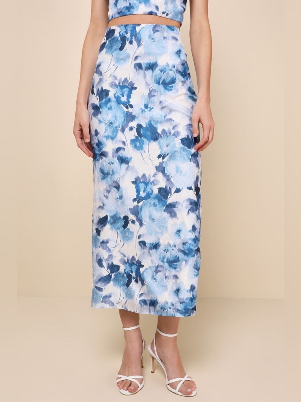 Lulus Sweet Wonder White Blue Floral Slip Midi Skirt XL Back Zipper Romantic NEW